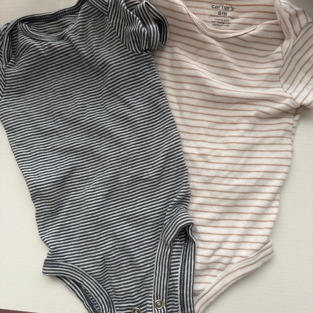 carter's Striped Short-Sleeve One-Piece Bodysuit - Tan Stripe & Navy Stripe